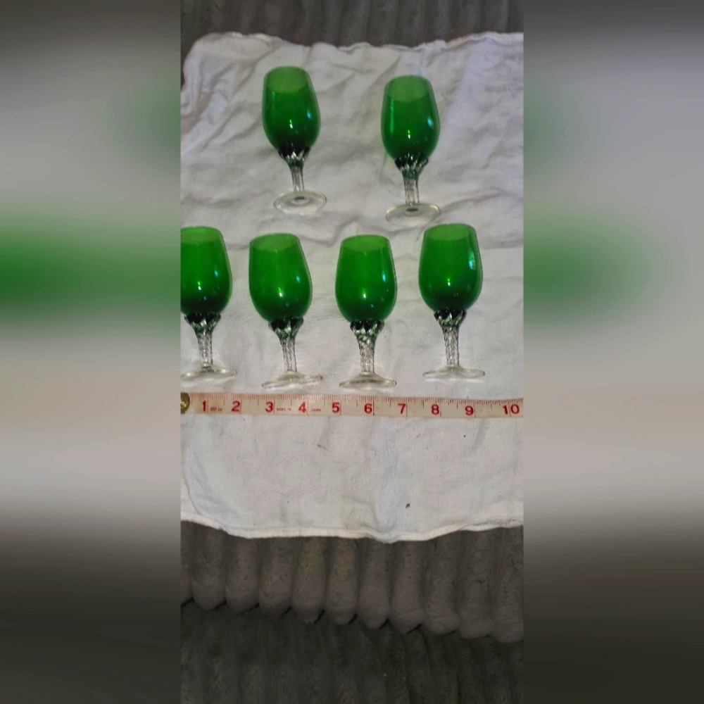 Vtg 6 Sasaki Green Crystal Coronation Toasting Glass Cordials Twist Stem